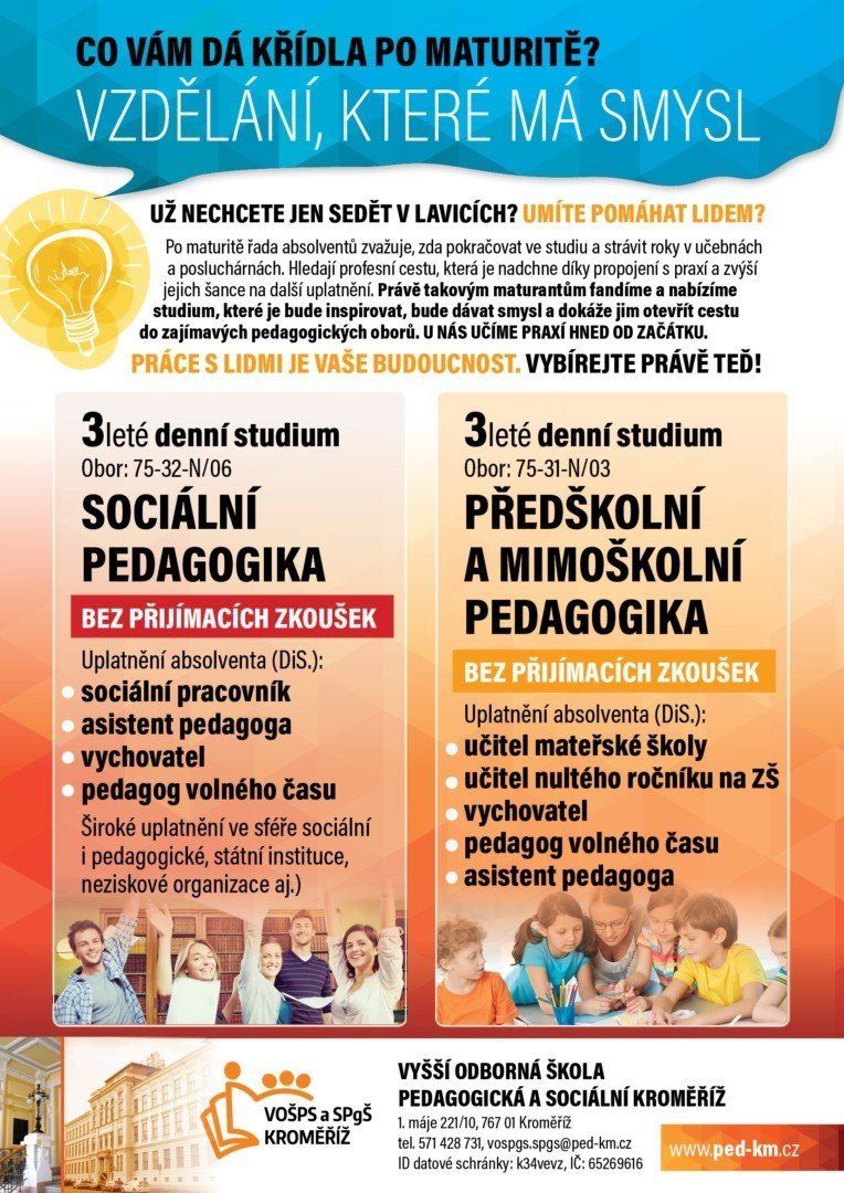 Vyhlášení 1. kola přijímacího řízení na VOŠ, obor Sociální pedagogika a Předškolní pedagogika